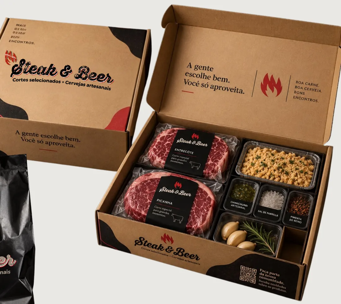 Caixa de presente Steak & Beer com cortes, chimichurri e sal de parrilla